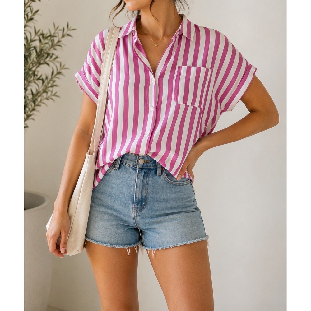 A New Day Pink White Striped Button Down Shirt Short Sleeve Cotton Oversized